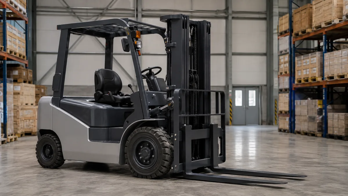 Depoda park edilmiş forkliftin mastı, çatalları ve kaldırma mekanizması