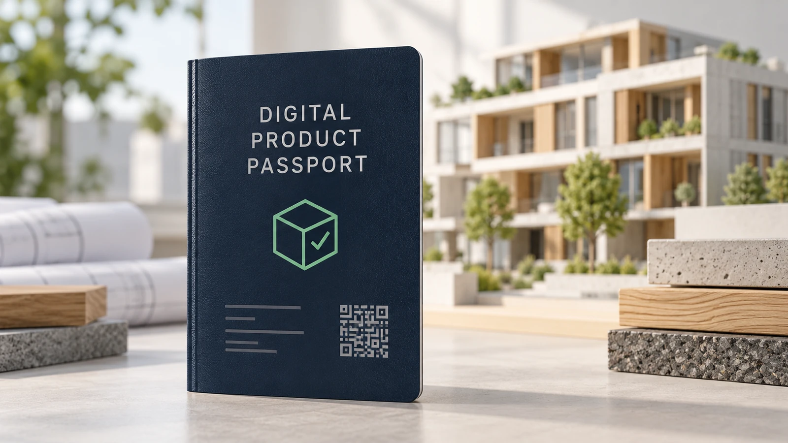 Yapı ürünleri için dijital ürün pasaportunu temsil eden sembolik kitapçık ve yapı modeli